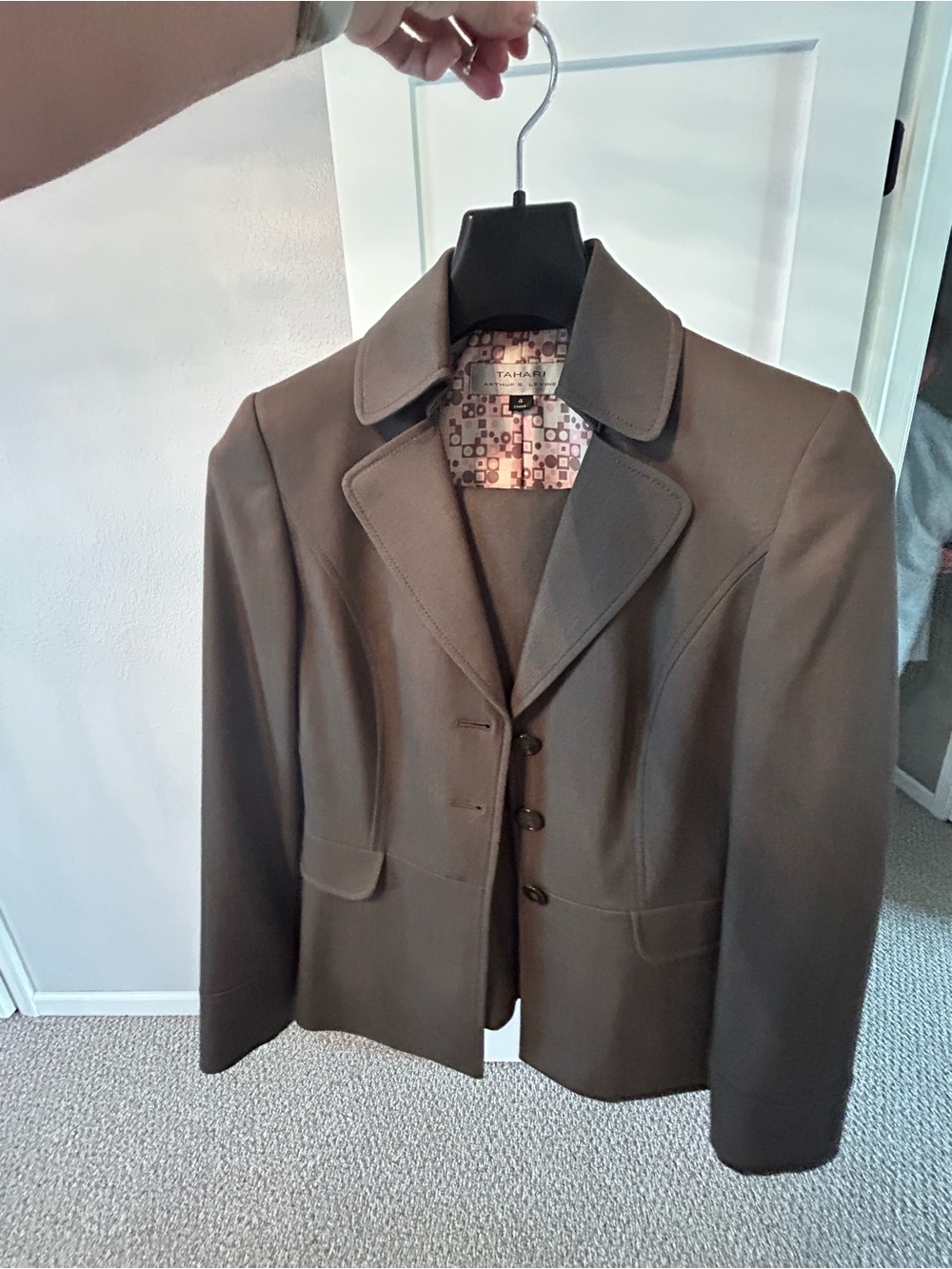 Tahari ASL Charcoal Jacket with Pink Geometric Lining